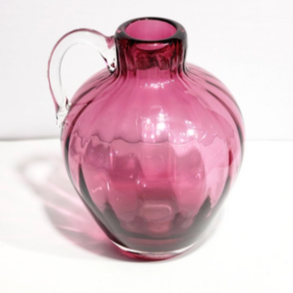 Vintage 6" Hand Blown Pilgrim Glass Cranberry Int Optic Rib Style Glass Pitcher